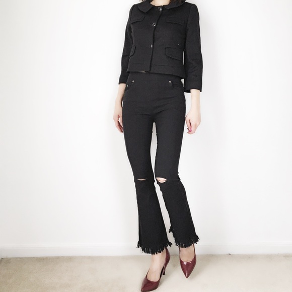 BLACK Frayed hem denim pants with cutout knee. - Picture 3 of 8